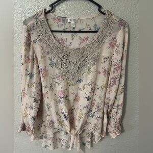 Spense Floral Crochet Trim Blouse - Cream and Pink Large
